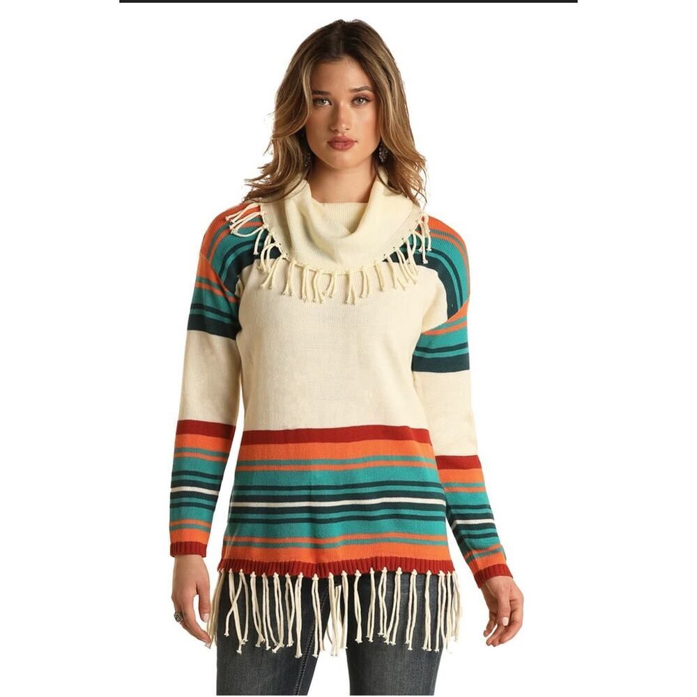 Panhandle ROCK & ROLL Cowgirl Womens Fringe Sweater Cowl Neck NWT S